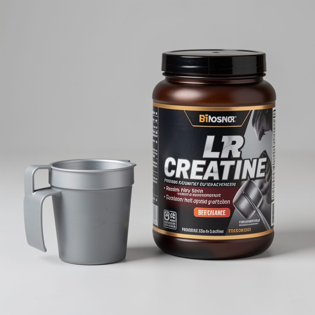Protein powder measuring scoop next to a creatine container on a neutral background, editorial close-up composition